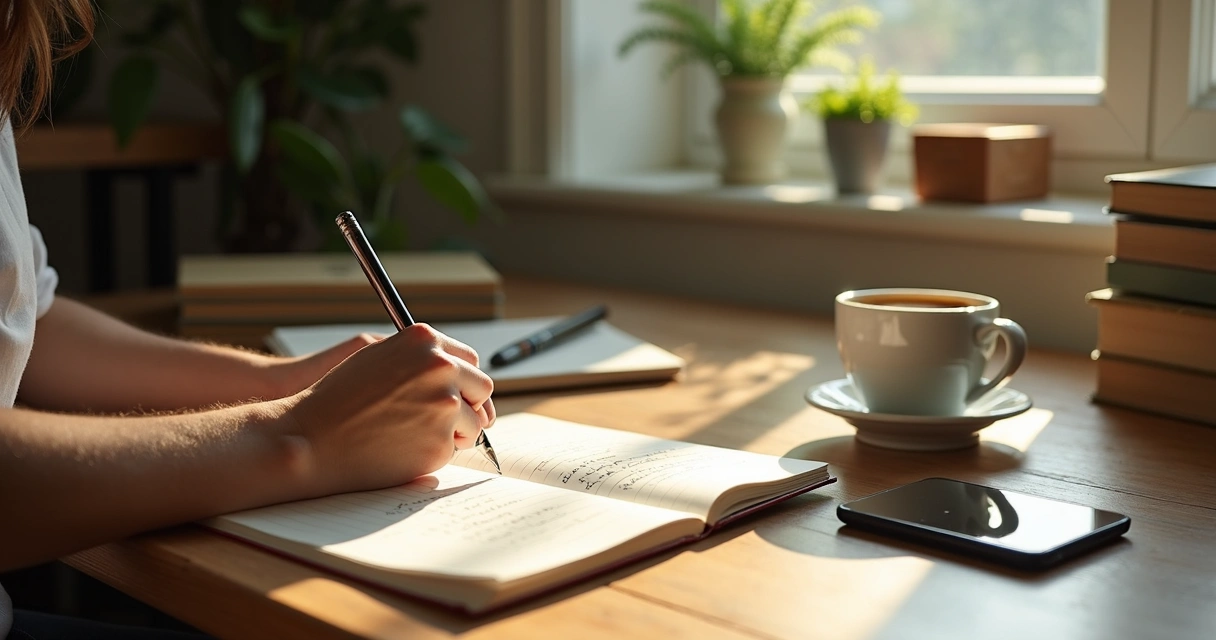 Pessoa escrevendo anotações em um caderno sobre propósito de vida 