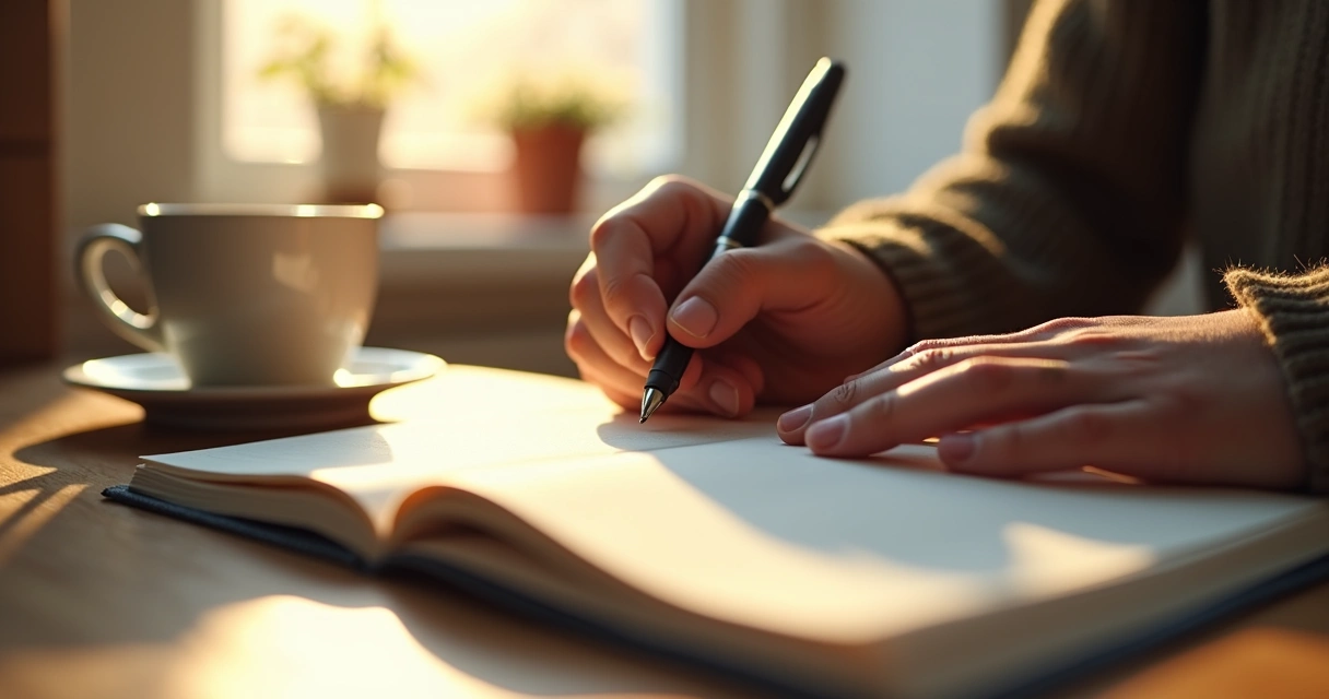 Pessoa escrevendo em um caderno, com um café ao lado, em ambiente tranquilo 