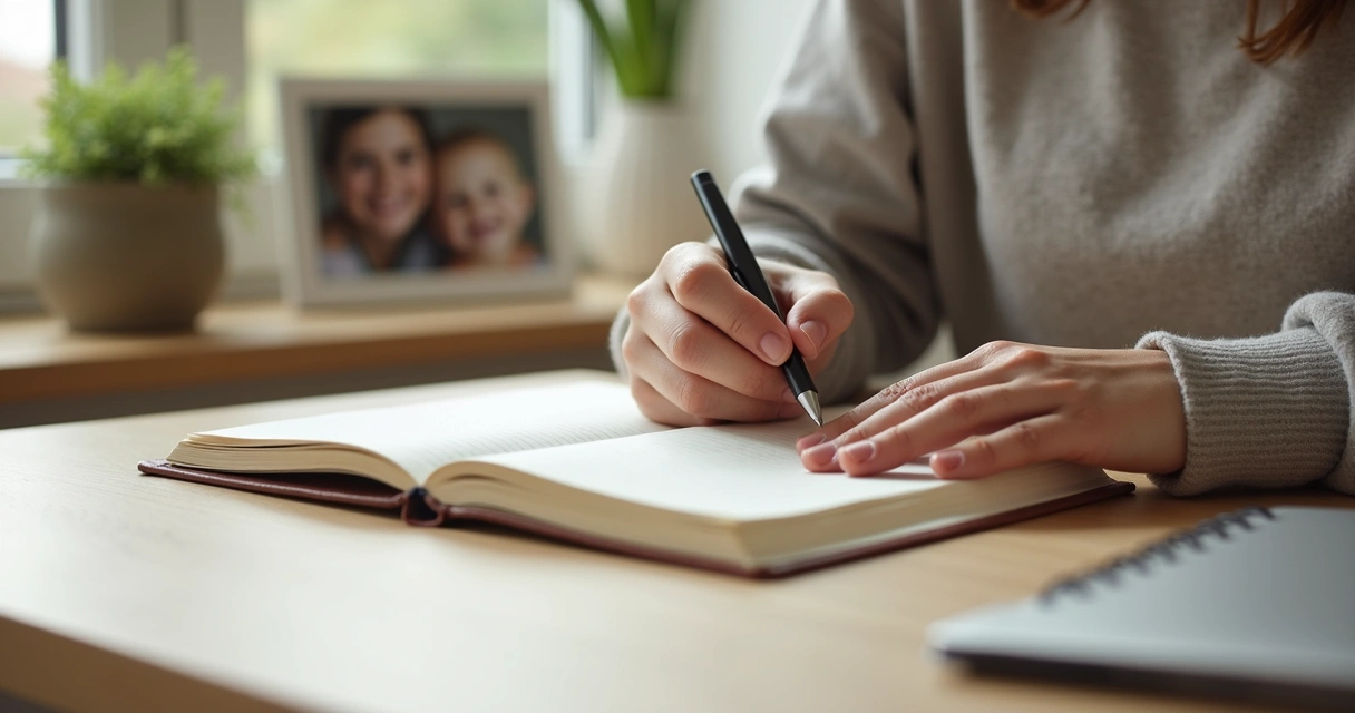 Pessoa escrevendo reflexões em um caderno