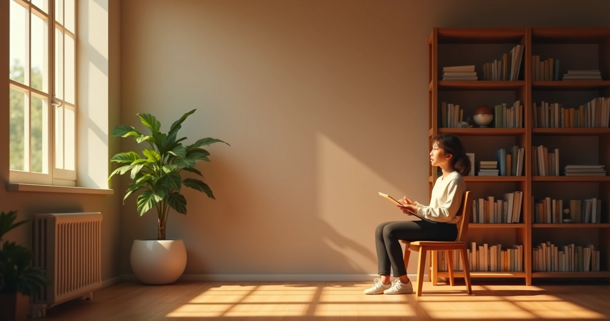Pessoa sentada em cadeira, escutando atentamente em ambiente acolhedor com luz natural 