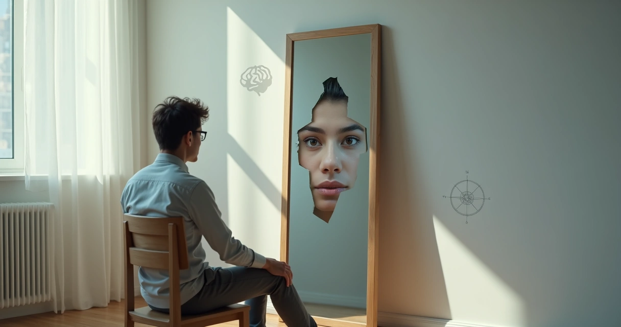 Pessoa sentada diante de um espelho com reflexo fragmentado simbolizando autocrítica construtiva 