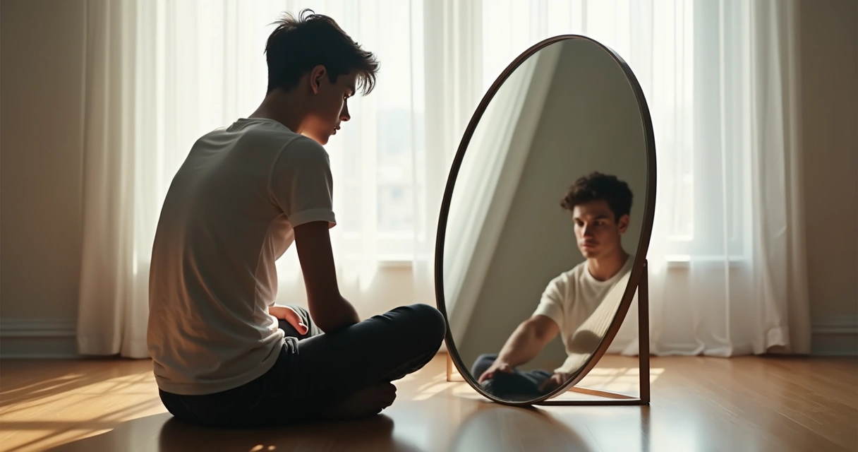 Pessoa olhando para o próprio reflexo em um espelho redondo grande 