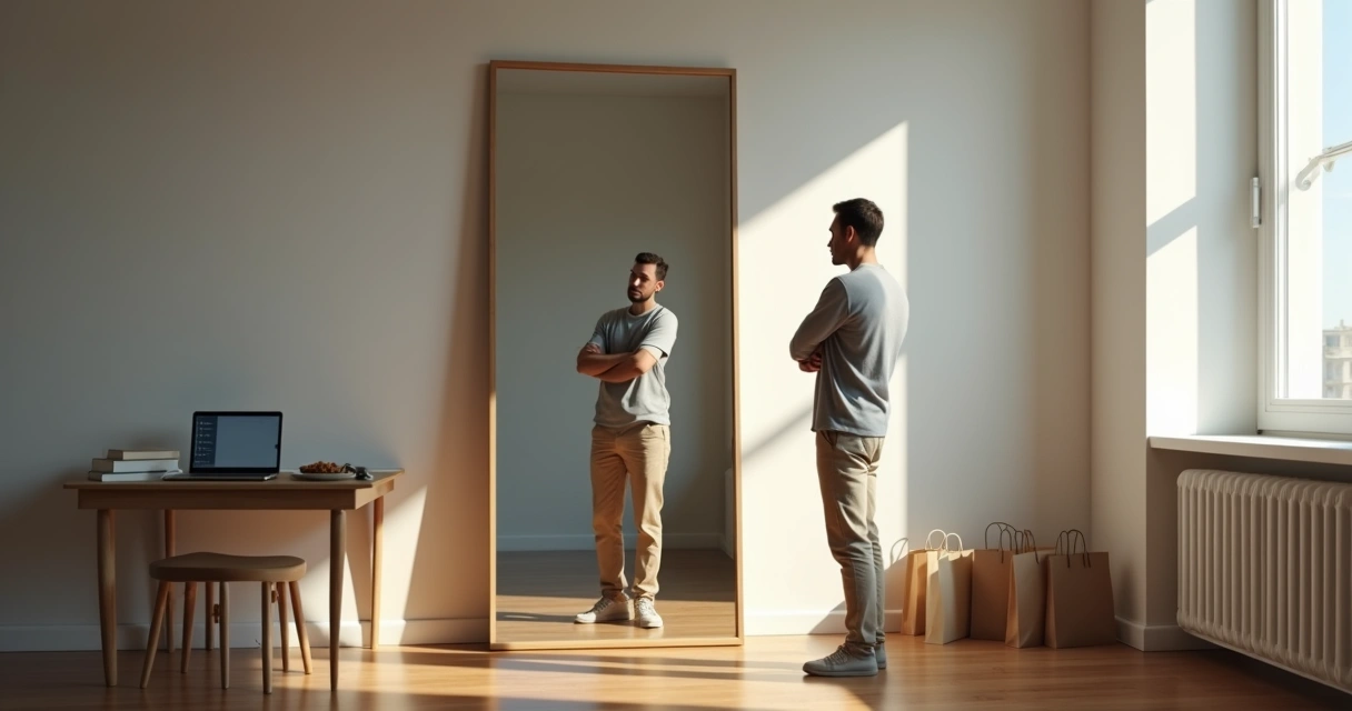 Pessoa diante de espelho com múltiplas versões refletidas 