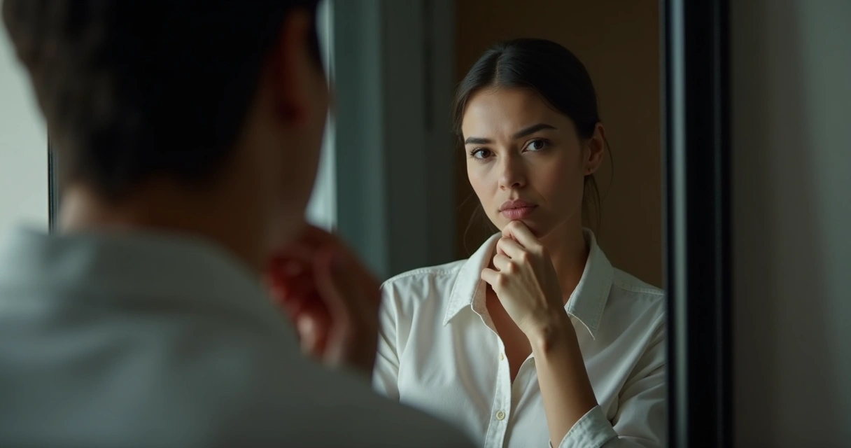 Pessoa olhando para o próprio reflexo em um espelho, parecendo pensativa 