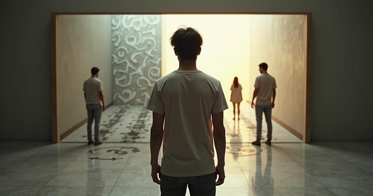 Pessoa olhando o próprio reflexo em espelho com caminhos divergentes ao fundo 