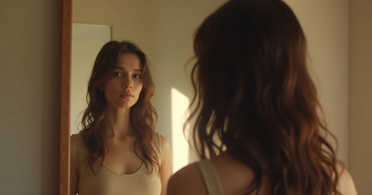 Pessoa olhando para o espelho em momento de introspecção 