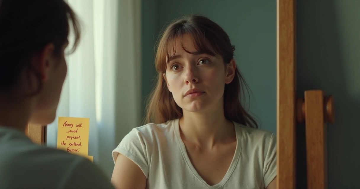 Pessoa olhando para um espelho com expressão de questionamento