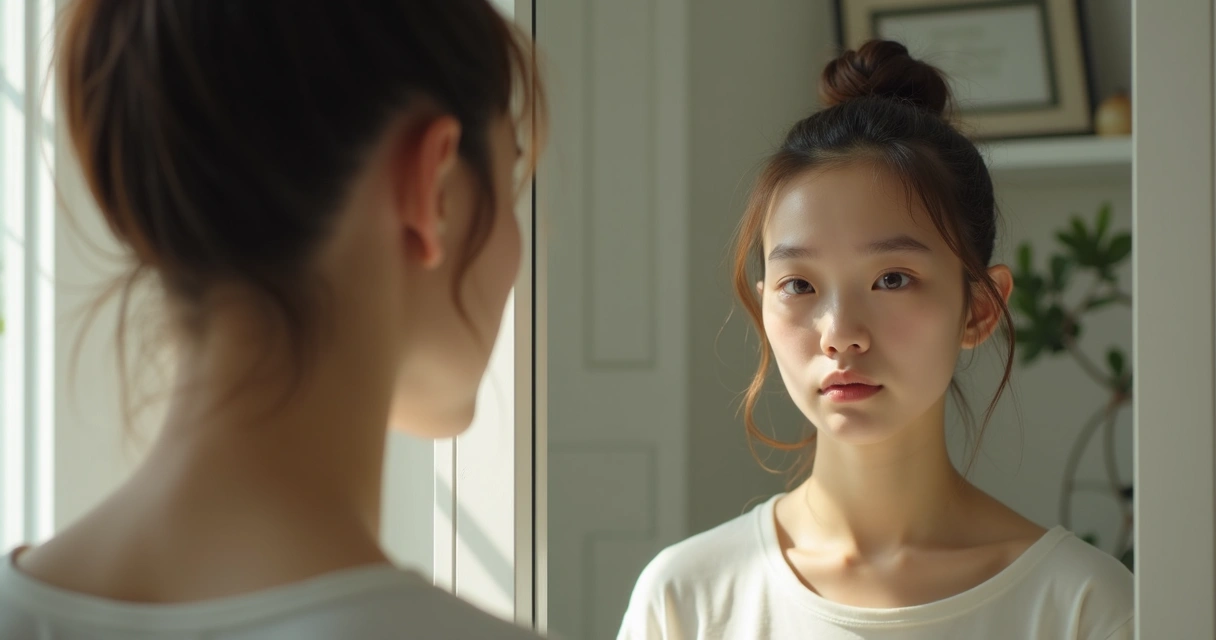 Jovem refletindo diante de um espelho em um ambiente claro