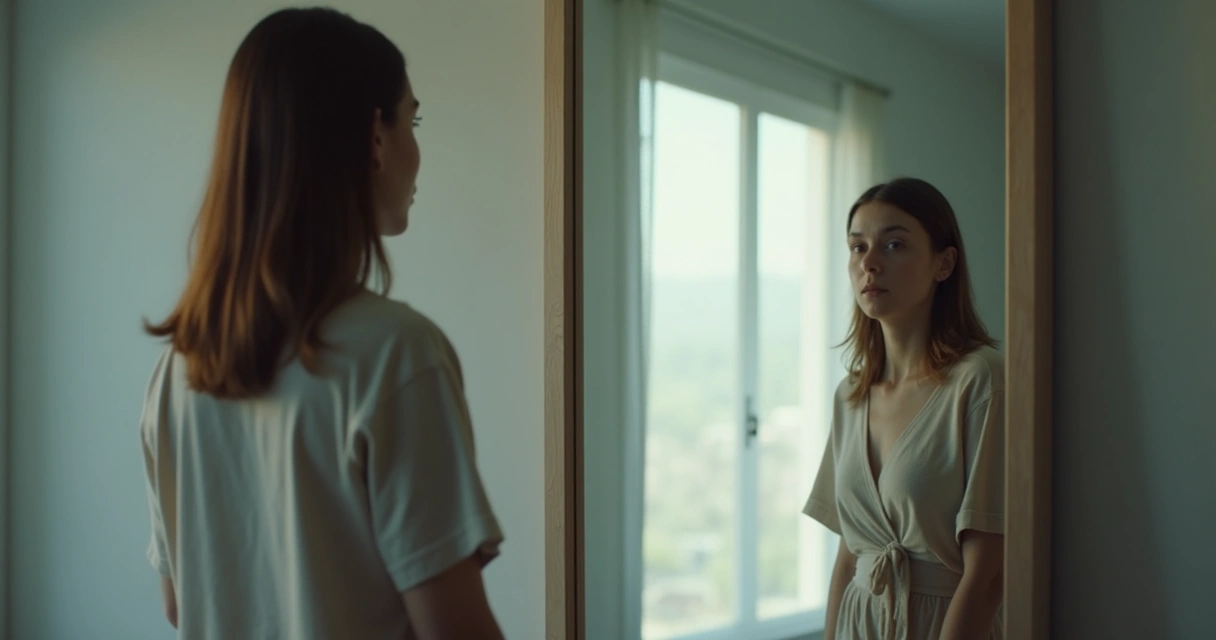 Pessoa contemplando o próprio reflexo em um espelho 