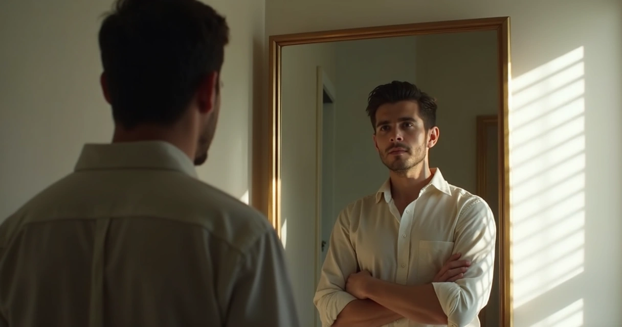 Pessoa olhando para o espelho, refletindo seu autoconceito 