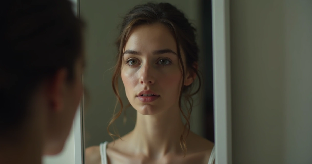 Pessoa olhando para um espelho refletindo seu próprio rosto 