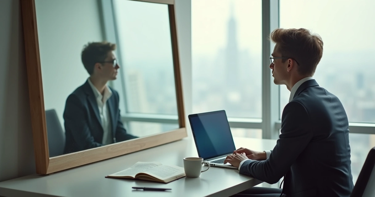Pessoa encarando o próprio reflexo no espelho com sombra distorcida ao fundo 