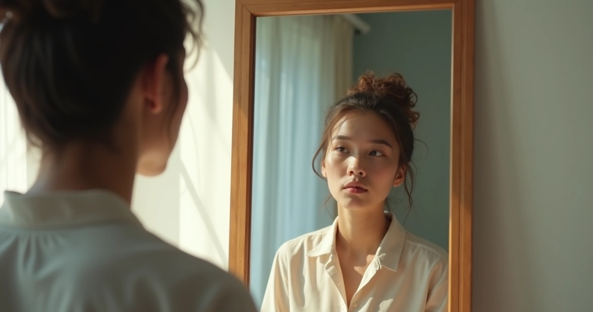 Pessoa encarando reflexo no espelho com expressão de descoberta. 