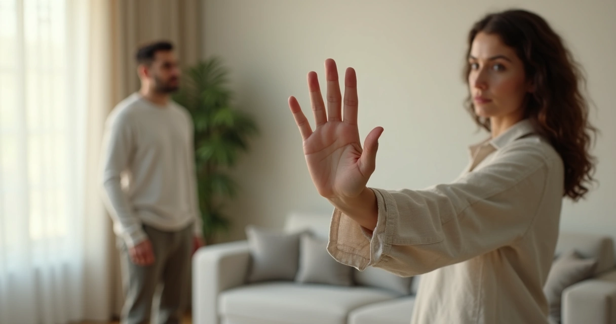 Pessoa adulta em pé traçando um limite simbólico com o braço entre ela e outra pessoa 