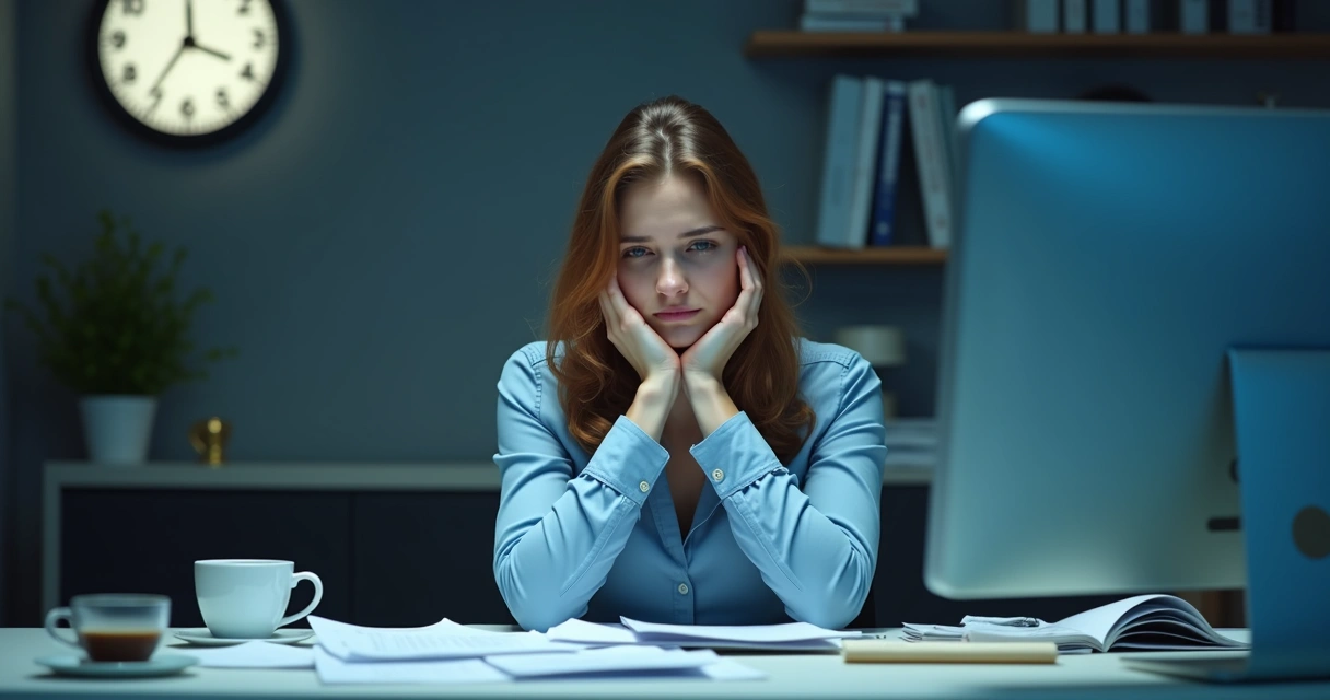 Mulher sentada em uma mesa de escritório, mão na cabeça, papéis espalhados