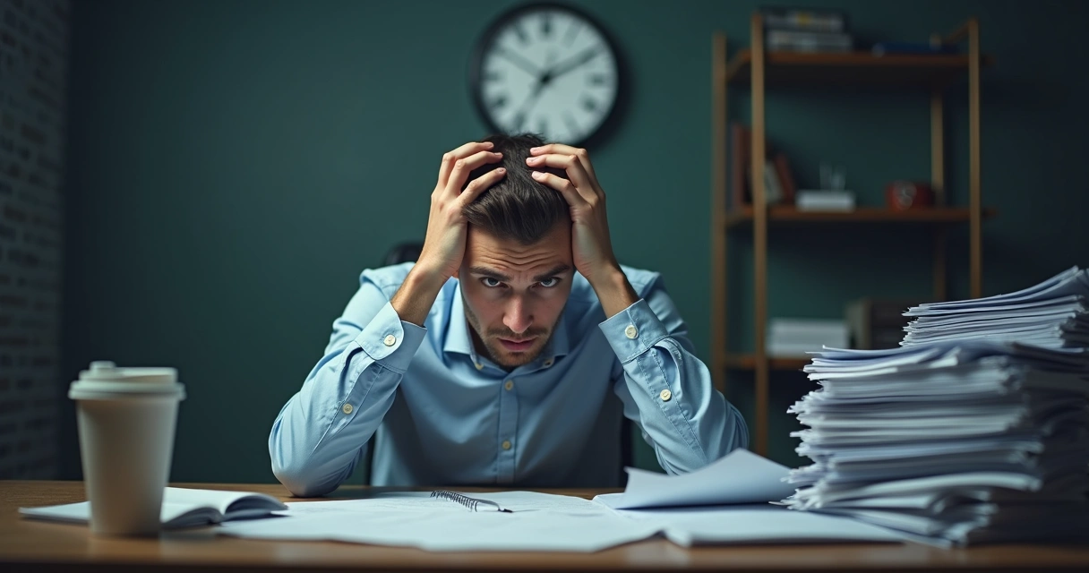 Homem sentado à mesa de escritório com expressão de estresse