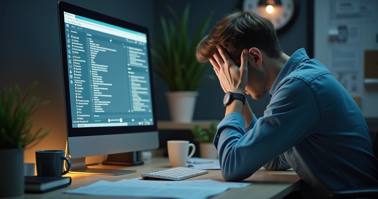 Pessoa olhando computador preocupada em ambiente de trabalho 