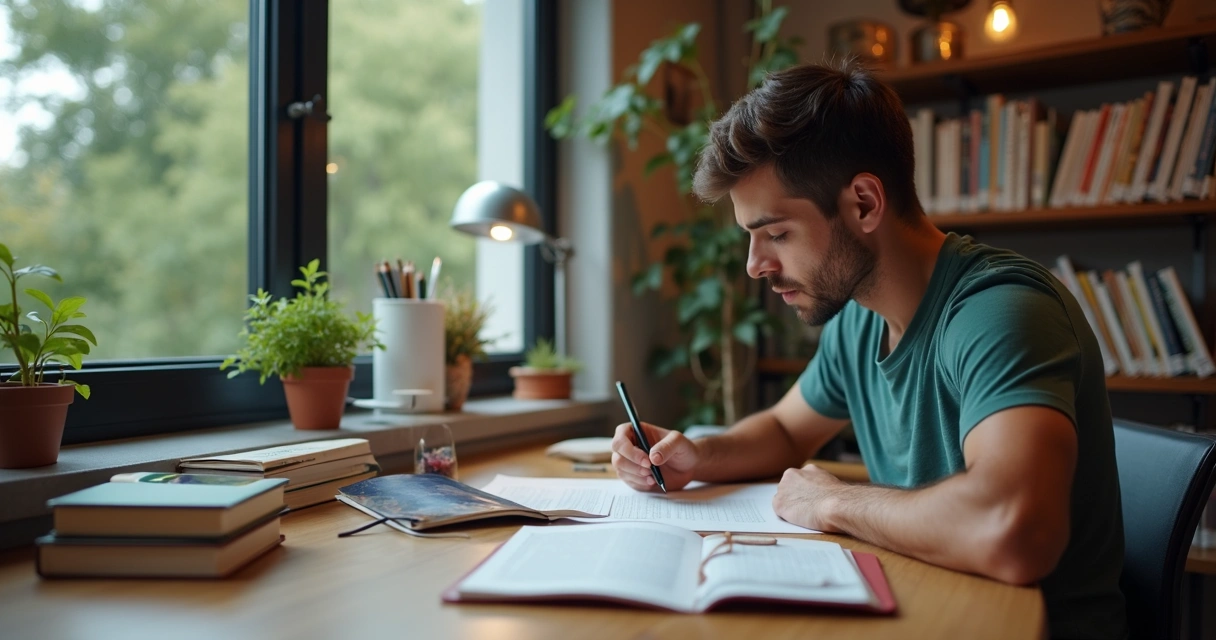 Homem estudando para curso de reciclagem da CNH com livros e computador