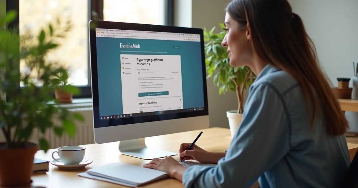 Pessoa estudando com computador em ambiente doméstico e caderno ao lado 