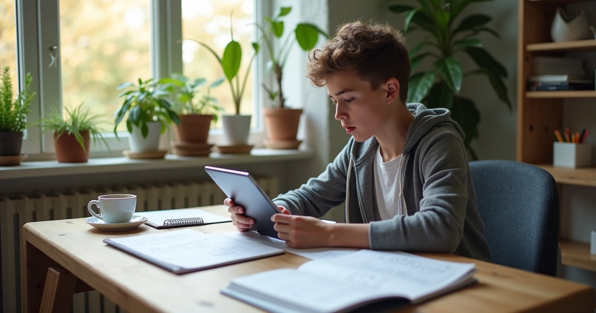 Jovem estudando em casa com tablet e material de estudo 