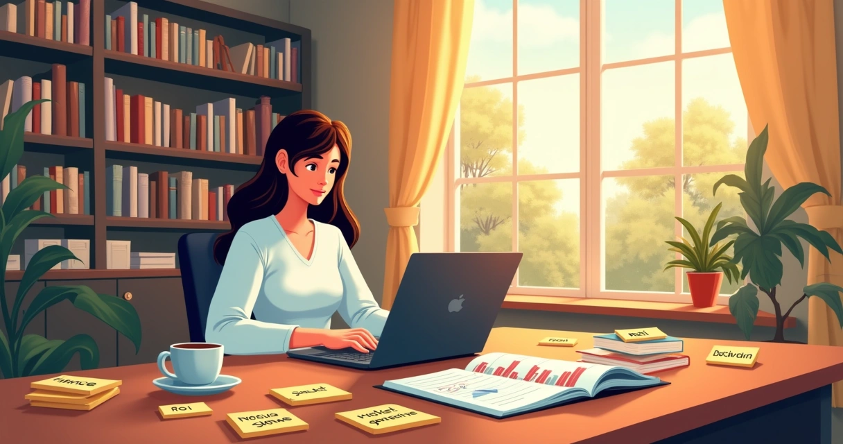 Ilustração de uma pessoa estudando em um escritório aconchegante, com livros e laptop sobre mesa de madeira.