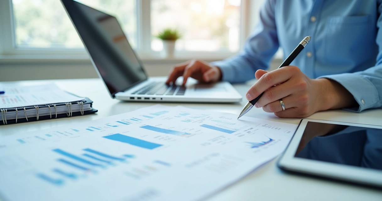 Pessoa analisando documentos financeiros com computador e cadernos 