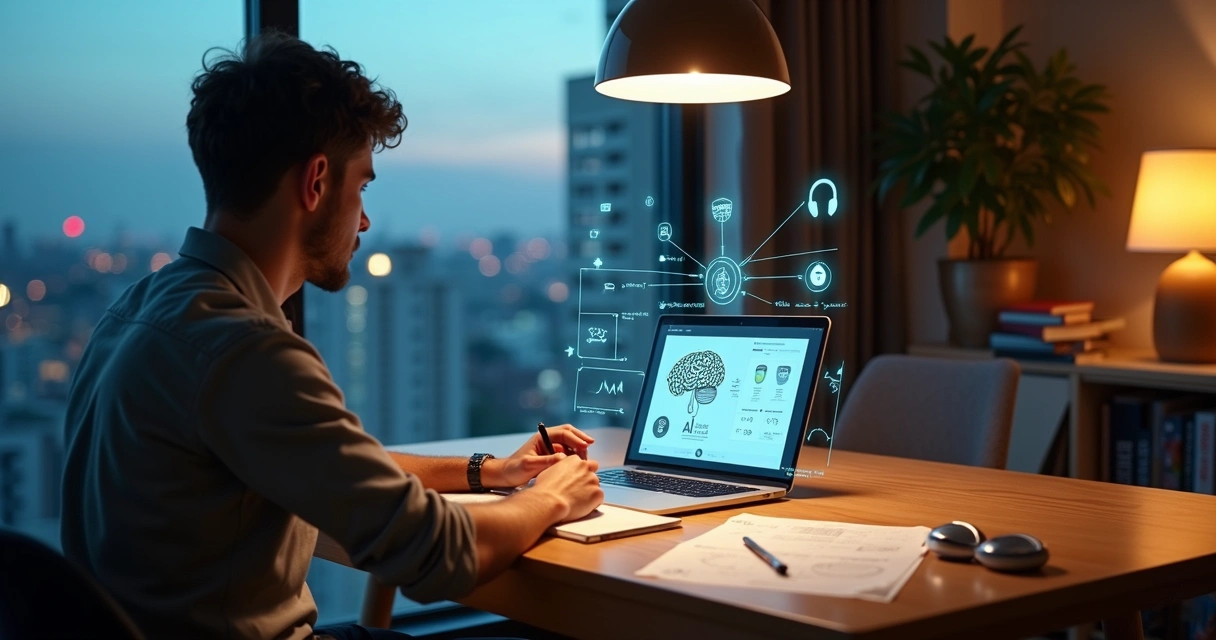 Jovem estudando inteligência artificial com notebook em ambiente acolhedor 