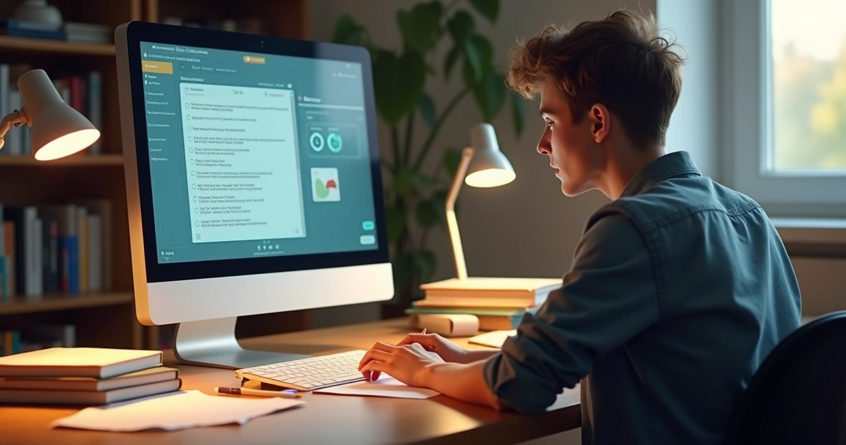Pessoa estudando em frente ao computador resolvendo simulado 