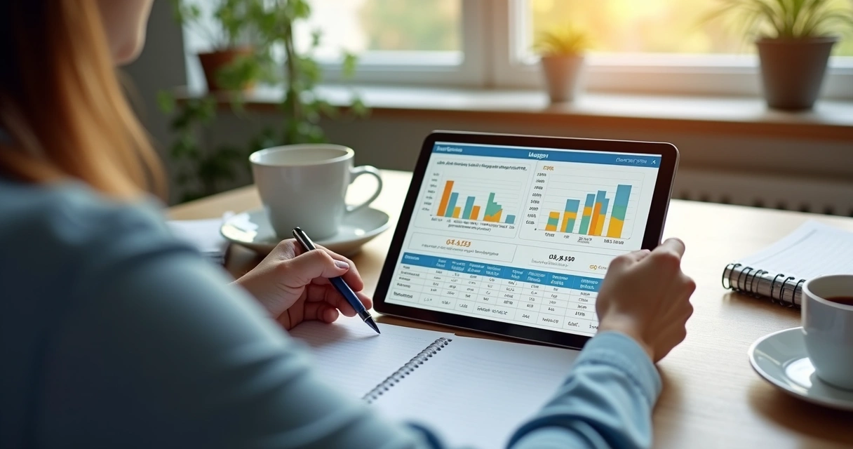 Pessoa analisando uma planilha de orçamento mensal e anotando em um caderno 