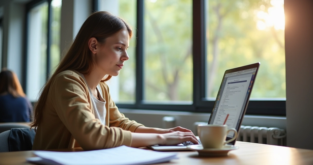 Jovem estudando e trabalhando com laptop em ambiente moderno.