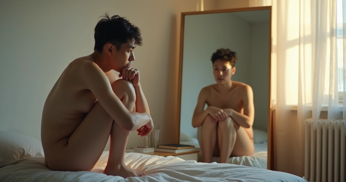 Pessoa sentada na cama encarando o próprio reflexo em um espelho com expressão pensativa 