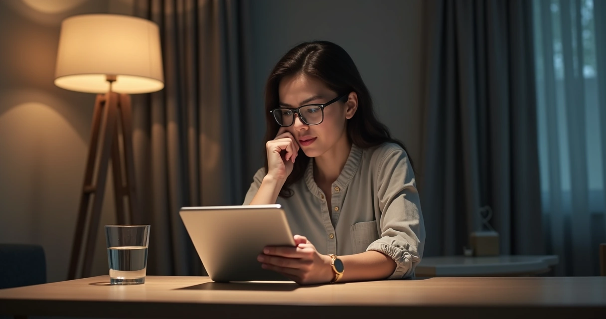 Pessoa lendo notícias em tablet e refletindo, postura atenta, evitando decisões apressadas. 