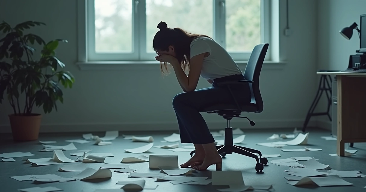 Pessoa sentada olhando para baixo enquanto ignora papéis espalhados ao redor 