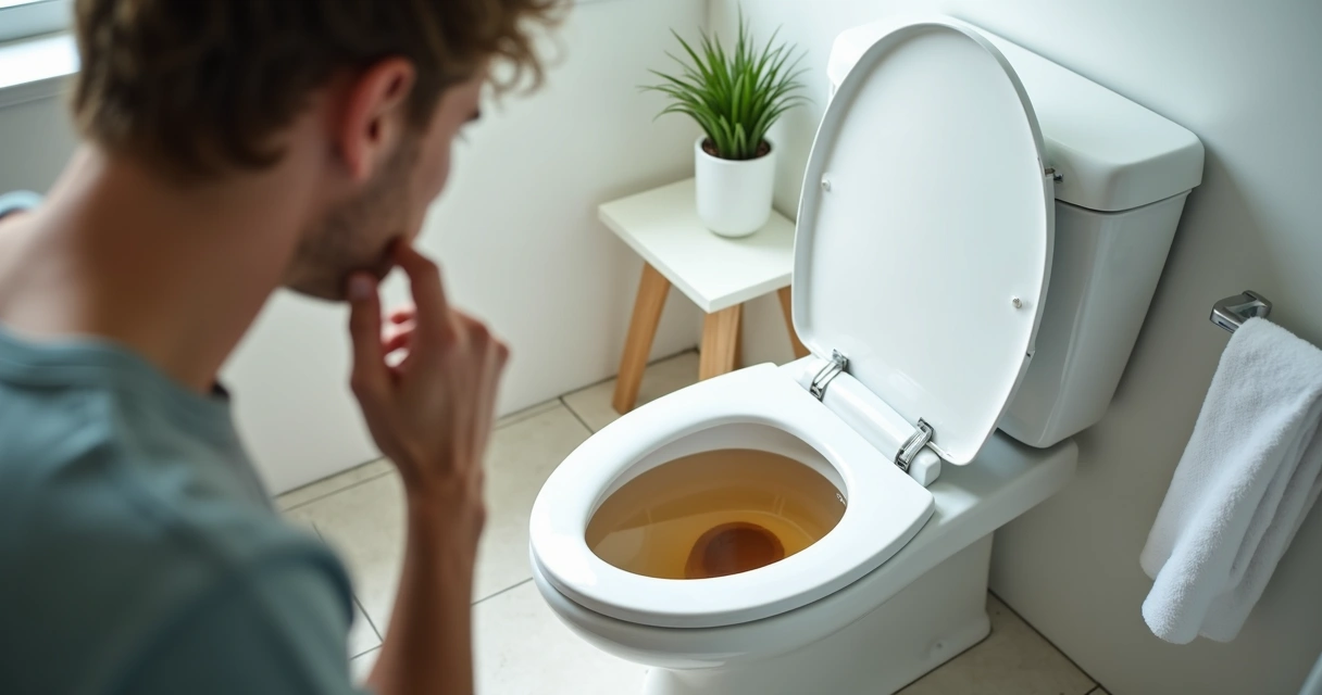 Pessoa analisando fezes no vaso sanitário. 