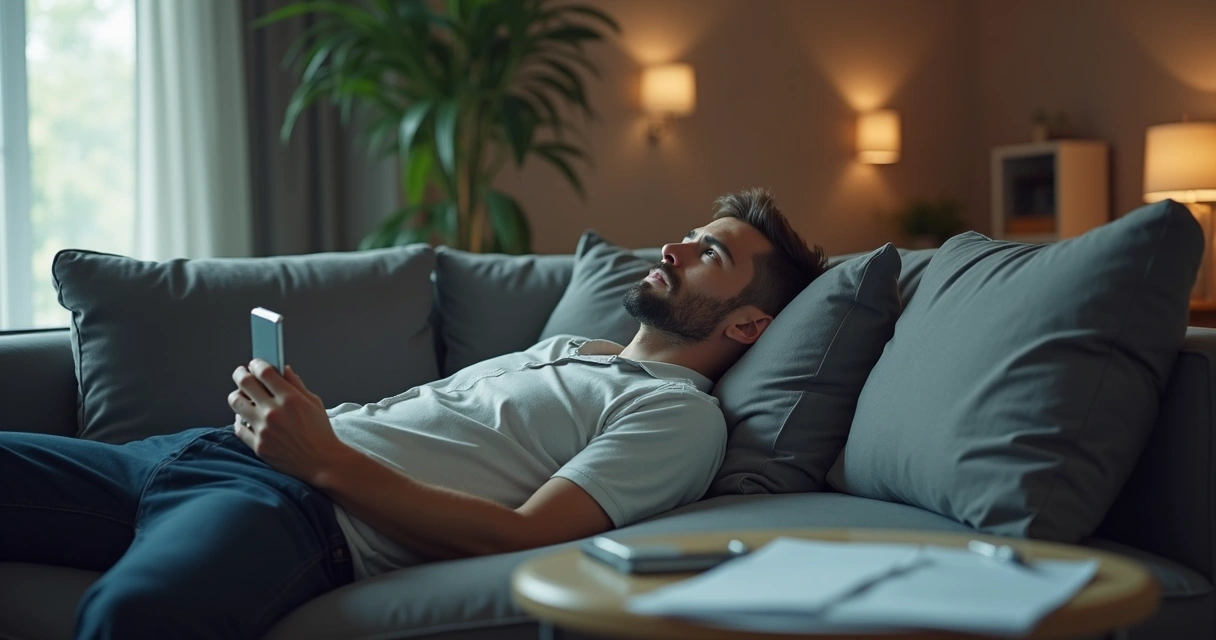 Pessoa deitada em um sofá olhando para cima, com expressão de exaustão