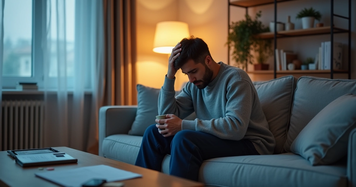 Adulto sentado em sofá com expressão de exaustão emocional em sala iluminada suavemente 