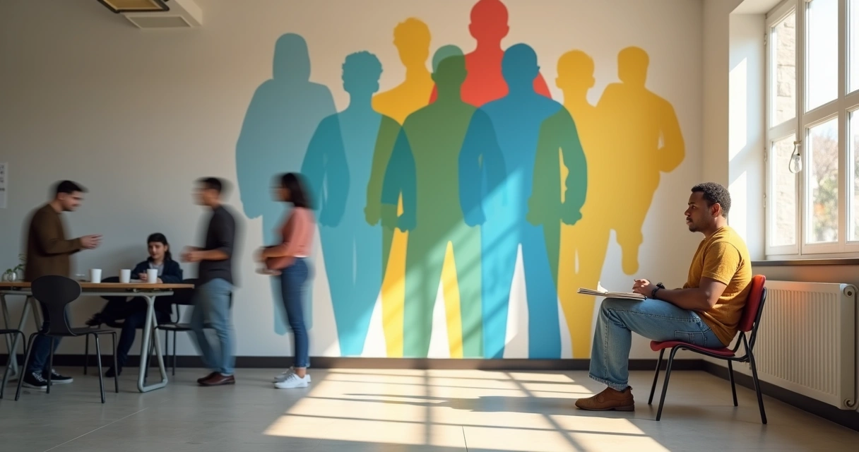 Pessoa sentada sozinha à sombra de um painel com silhuetas de grupo 