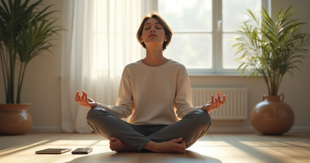 Pessoa sentada em posição de meditação em sala iluminada, olhos fechados, rosto sereno