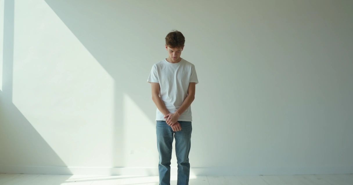 Pessoa com expressão de culpa, olhando para baixo, sozinha em um ambiente claro. 