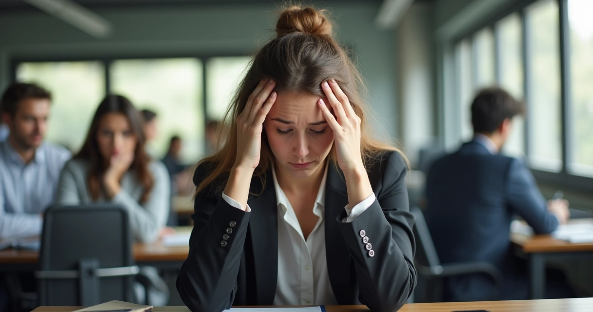 Pessoa cansada sentada em frente a um computador em um escritório