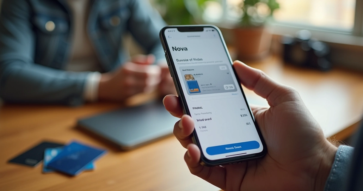 Pessoa usando o app Nova para comprar online com cartão de crédito 