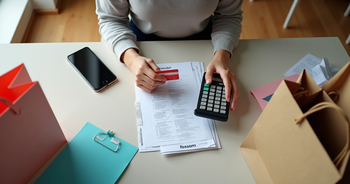 Pessoa fazendo compras usando cartão de crédito e calculadora