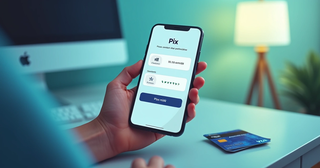 Pessoa realizando pagamento Pix com cartão de crédito em smartphone 