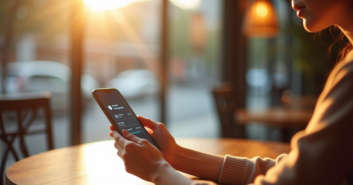 Pessoa acessando conta bancária pelo celular em uma cafeteria 