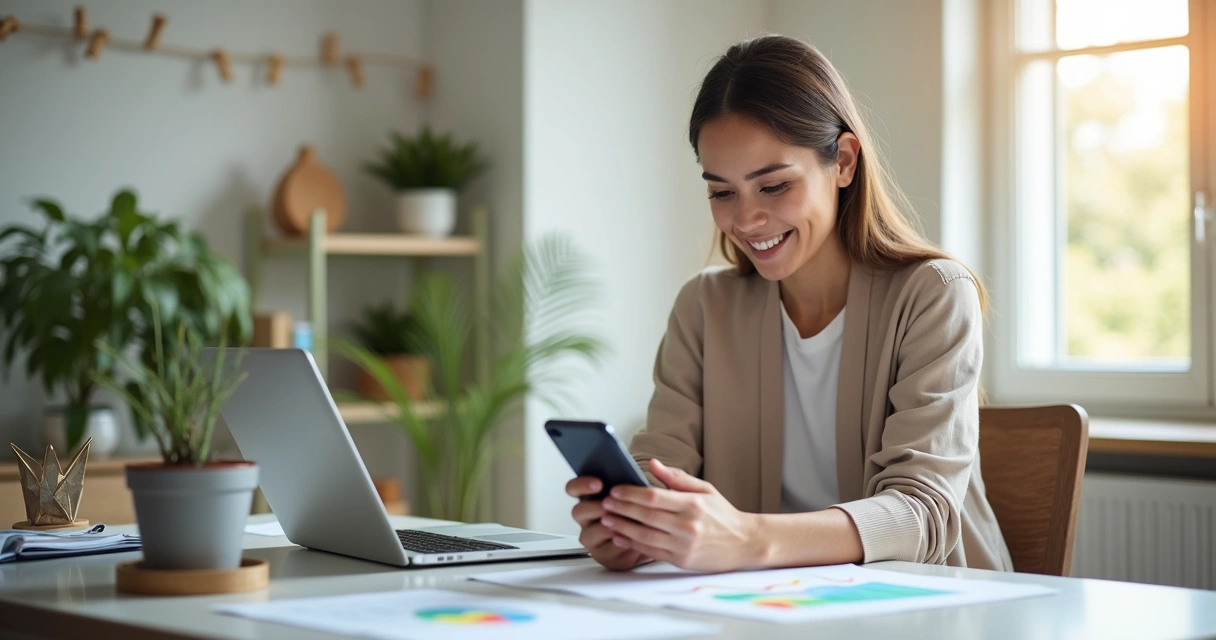 Pessoa sorridente com celular mostrando análise financeira positiva