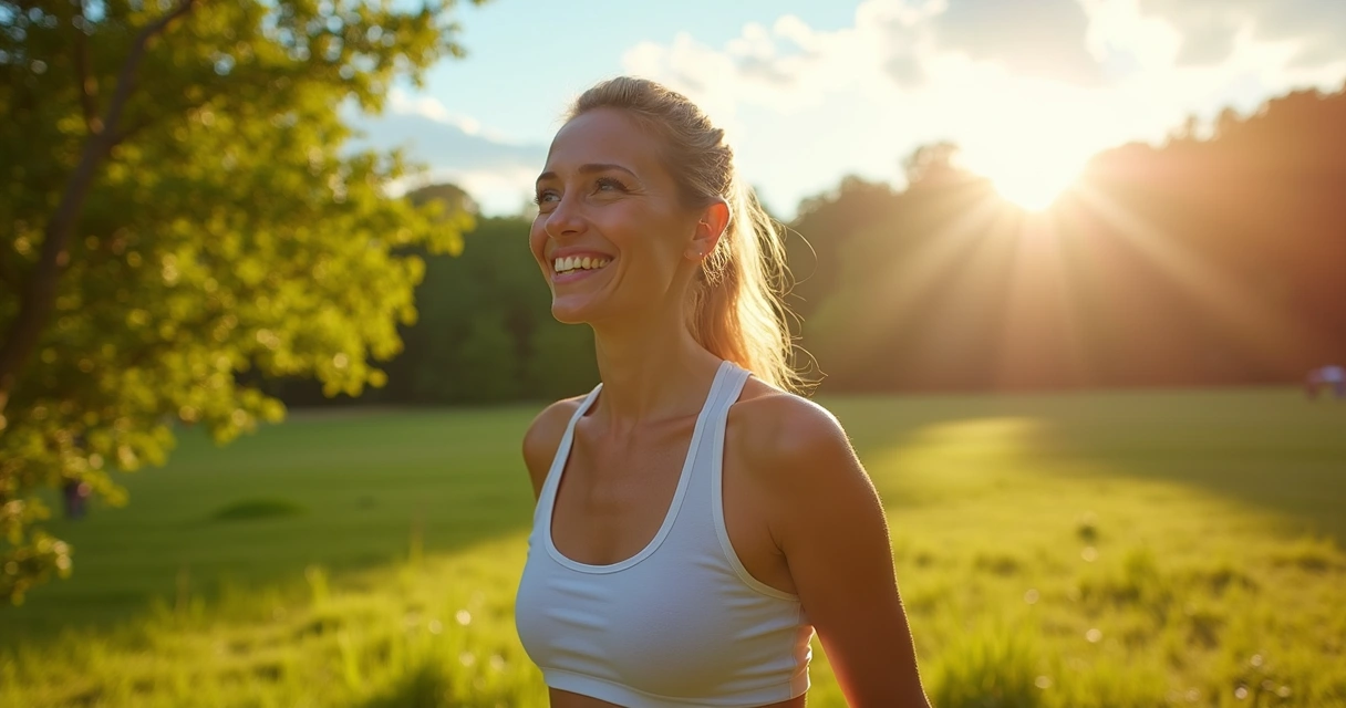 Pessoa sorrindo praticando caminhada ao ar livre em ambiente natural iluminado pelo sol 