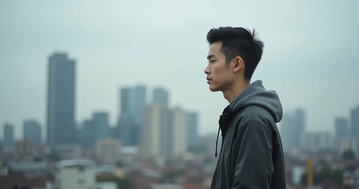 Pessoa com expressão resiliente, postura flexível em meio a cenário urbano difícil, indicando adaptação emocional 