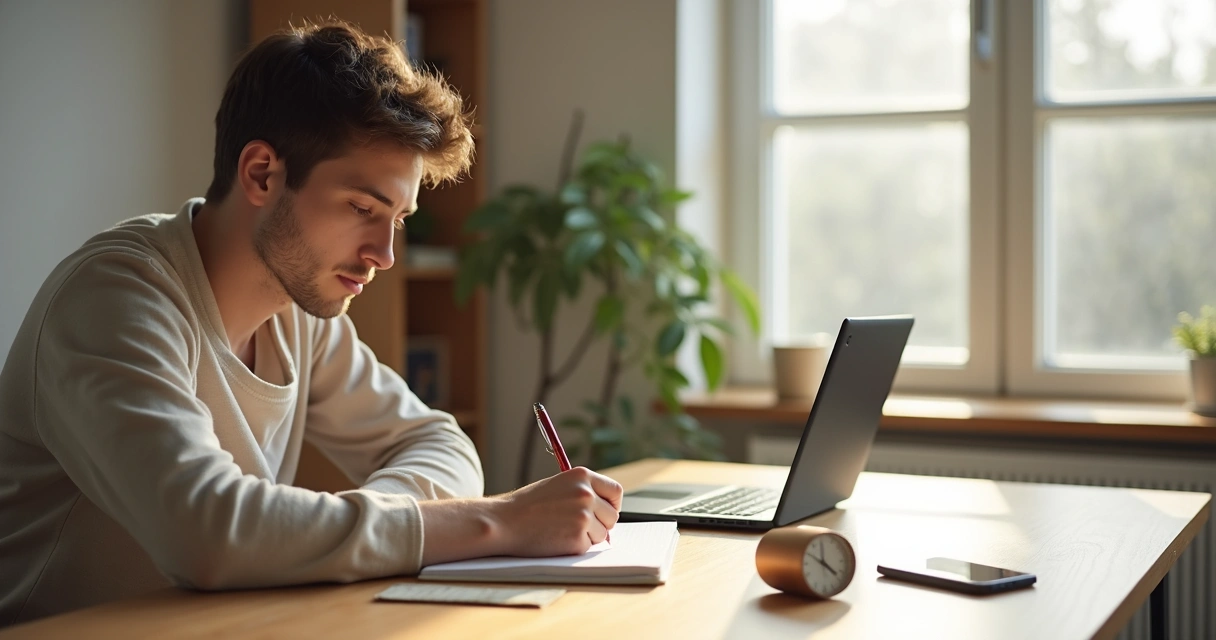 Pessoa estudando focada em mesa organizada com celular virado para baixo 