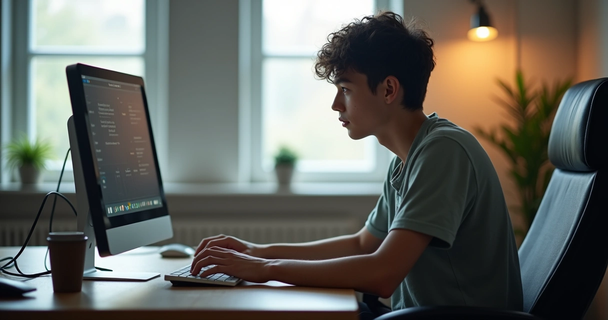 Pessoa sentada em frente ao computador, focada, com luz natural ao fundo 