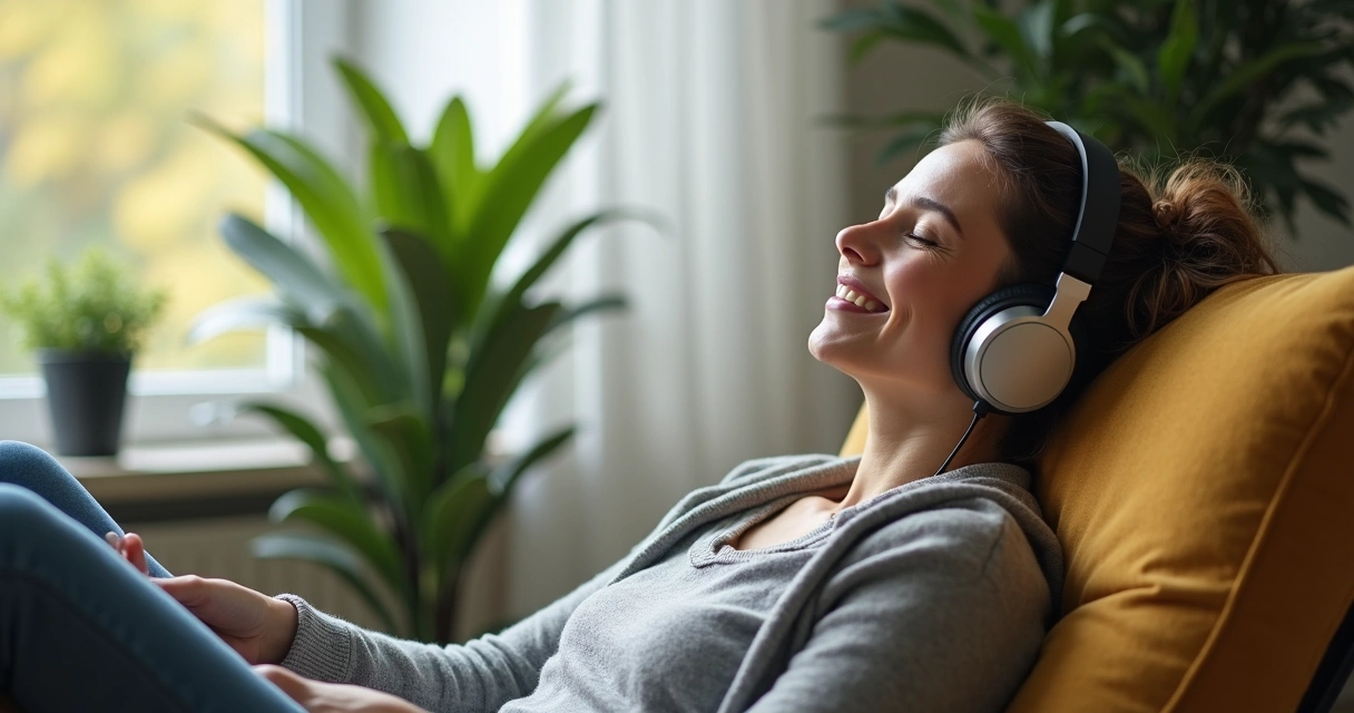 Pessoa sentada com fones de ouvido, olhos fechados, relaxando 